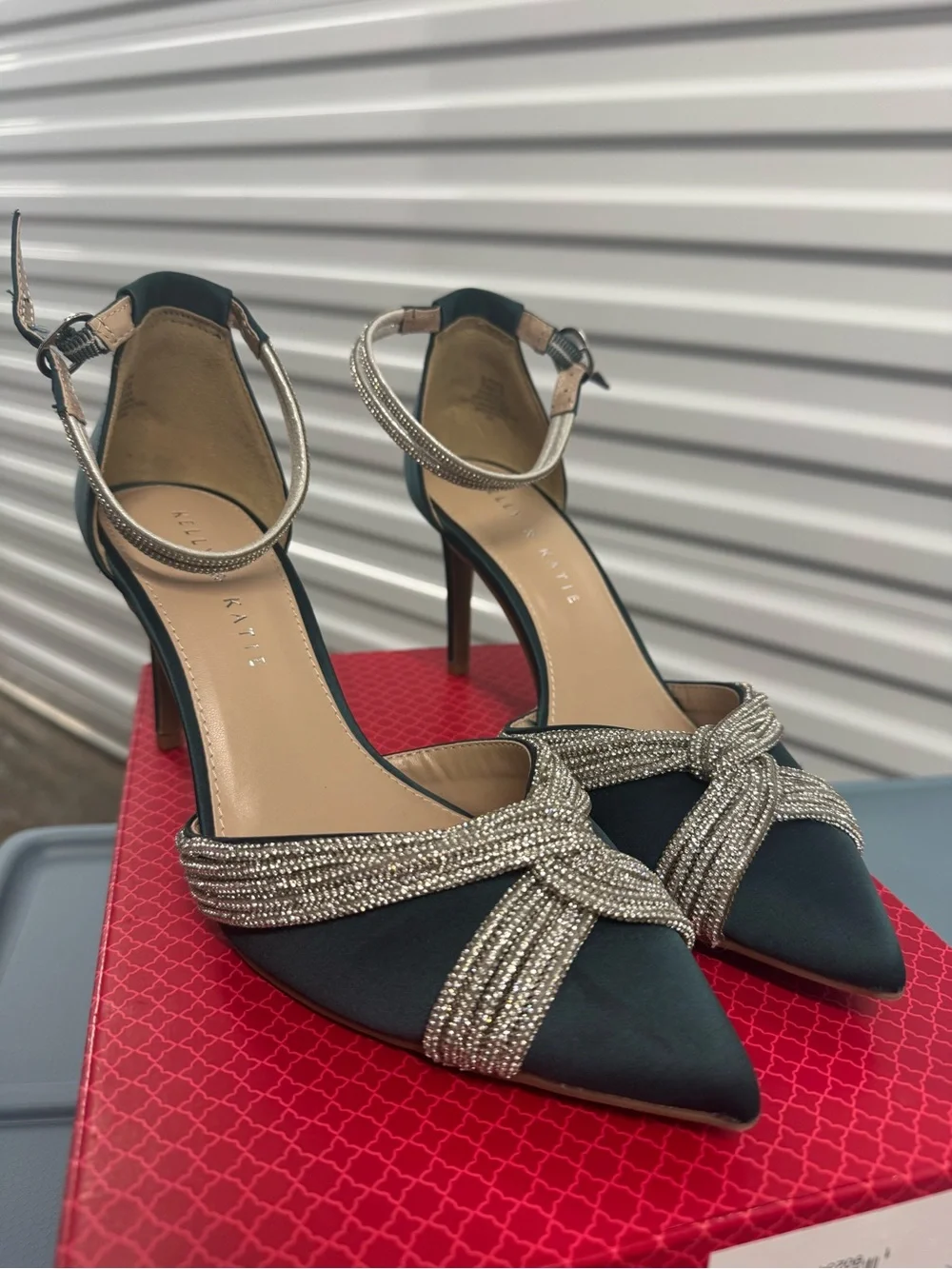Like New Kelly & Katie Green/Blue satin heels with silver rhinestone bow detail